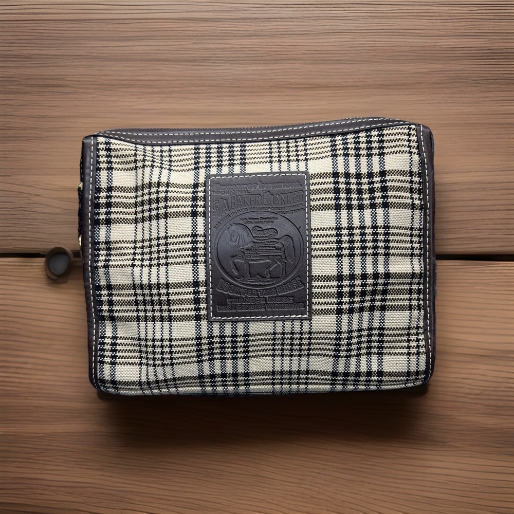 5/A Baker Blanket Cosmetic Toiletry Bag Brown Leather Wool Plaid - Picture 1 of 14